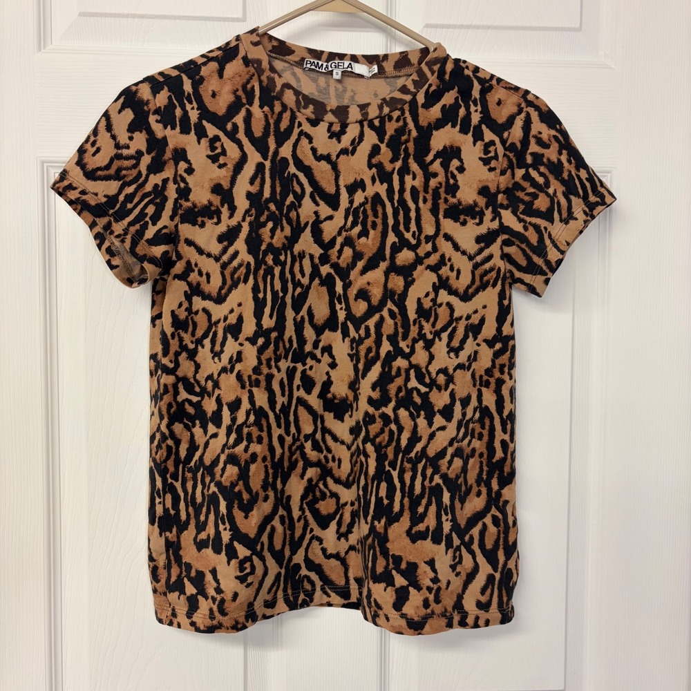 Pam & Gela Womens Leopard Print Short Sleeve Cotton T-Shirt Brown Black Small